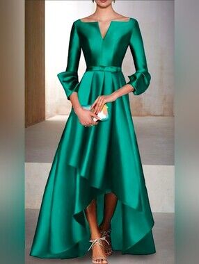 LanTing.Elegant women's satin party dresses with a V-neck, 3/4 sleeves, a flared